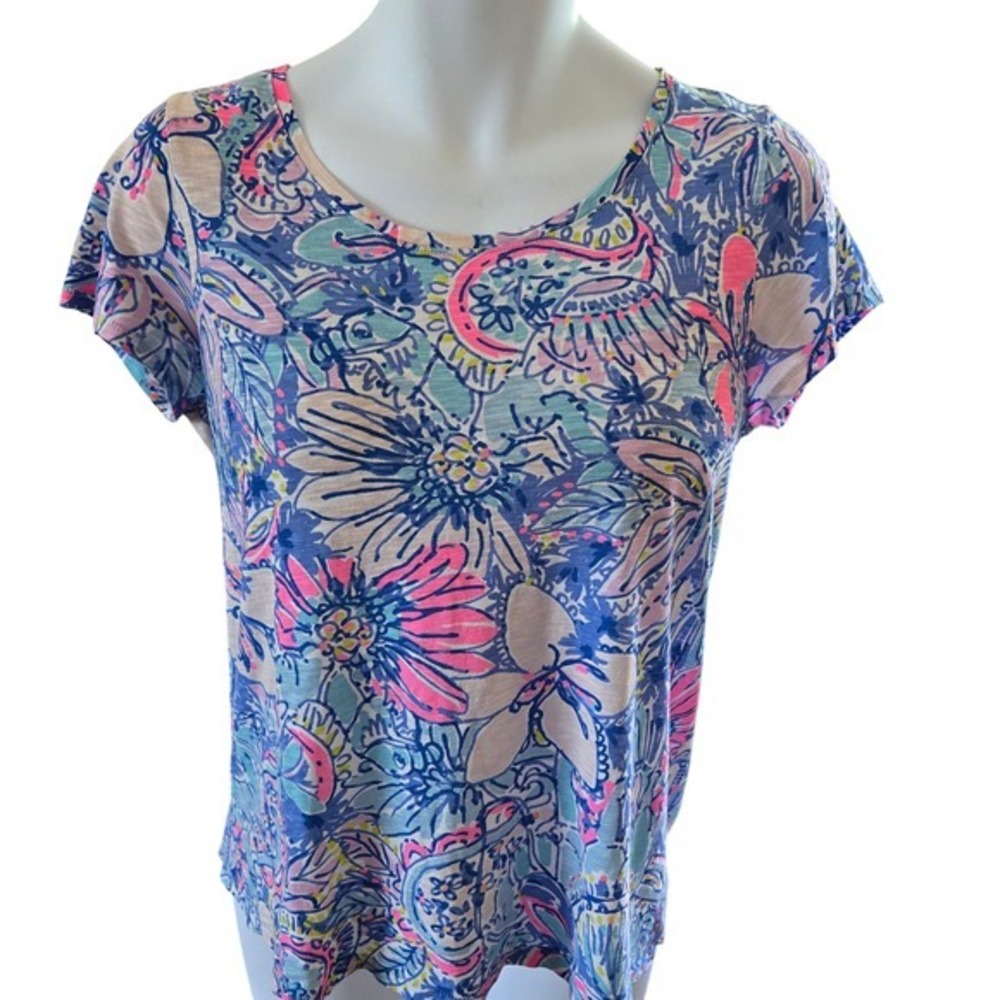 Lilly Pulitzer Womens Blue Pink Floral Paisley Cotton Short Sleeve T-Shirt SZ M - Picture 2 of 9